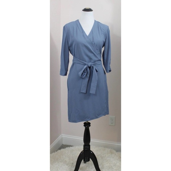 EVERLANE Sz 2 Blue Wrap Dress Japanese GoWeave 3/4 Sleeve - Picture 8 of 8